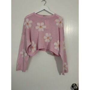 Anthropologie Moon & Madison Pink Knit Sweater & Short Set White Daisy NWT Small
